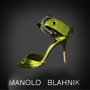 Manolo Blahnik Lime Green Satin Heels with Silver Buckle